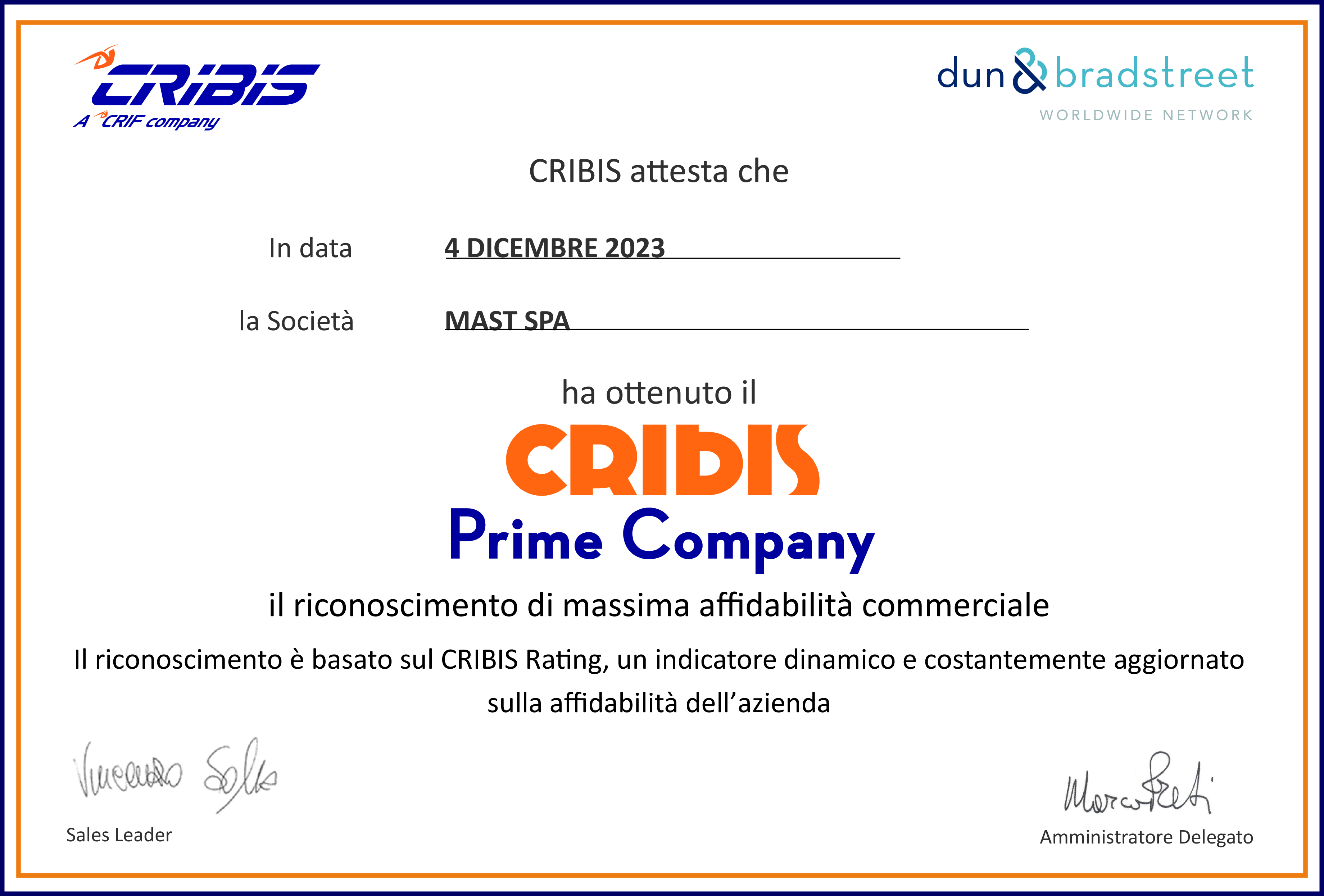 MAST riceve il riconoscimento CRIBIS Prime Company
